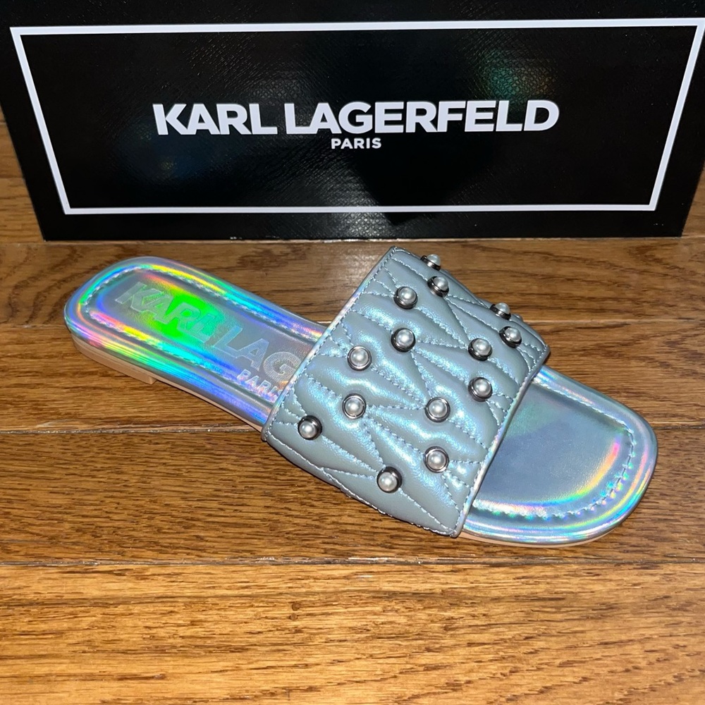 Karl Lagerfeld Paris Madyson Imitation Pearls Slide Sandals Opalescent Women’s 6